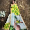Kerala Cotton Hand-Painted Off-White Saree with Lime Green Leaf Motifs & Scenic Pallu – Free Size with Blouse Piece