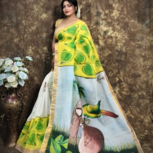 Kerala Cotton Hand-Painted Off-White Saree with Lime Green Leaf Motifs & Scenic Pallu – Free Size with Blouse Piece