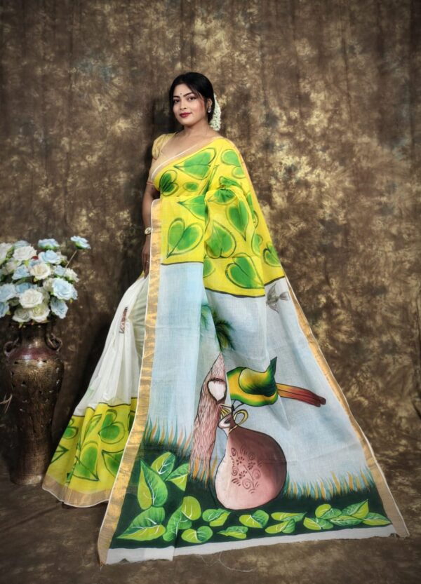 Kerala Cotton Hand-Painted Off-White Saree with Lime Green Leaf Motifs & Scenic Pallu – Free Size with Blouse Piece