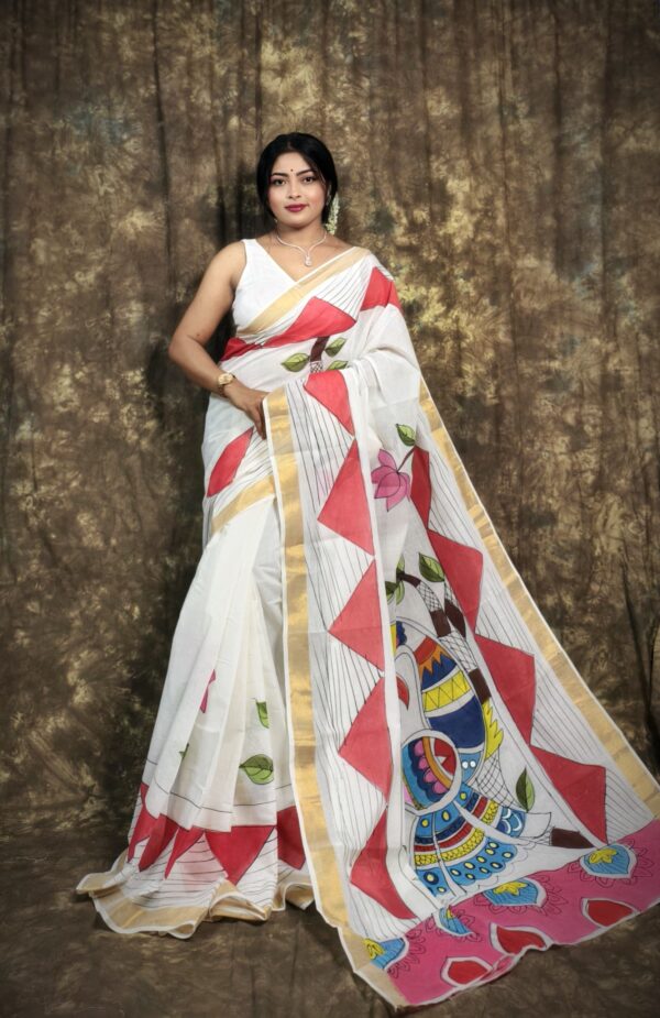 Kerala Cotton Hand-Painted White Saree with Multicolor Motifs & Golden Border