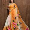 Sunset Canopy” Kerala Cotton Saree – Hand‑Painted Birds & Blossom on White‑to‑Orange Ombre, with Magenta & Gold Borders