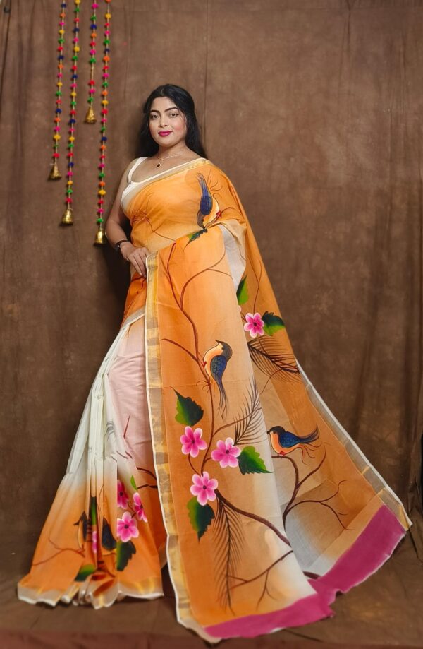Sunset Canopy” Kerala Cotton Saree – Hand‑Painted Birds & Blossom on White‑to‑Orange Ombre, with Magenta & Gold Borders