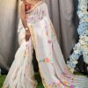 Kerala Cotton Hand-Painted Off-White Saree with Multicolor Floral Art & Gold Border – Free Size with Blouse Piece