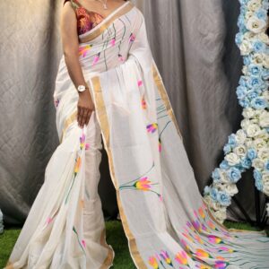 Kerala Cotton Hand-Painted Off-White Saree with Multicolor Floral Art & Gold Border – Free Size with Blouse Piece