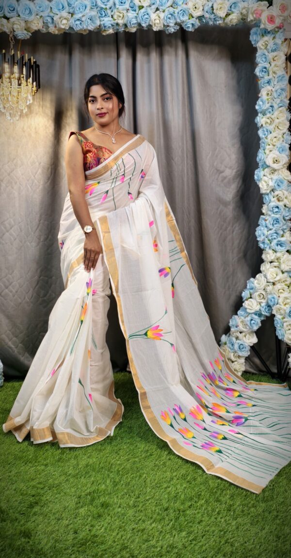 Kerala Cotton Hand-Painted Off-White Saree with Multicolor Floral Art & Gold Border – Free Size with Blouse Piece