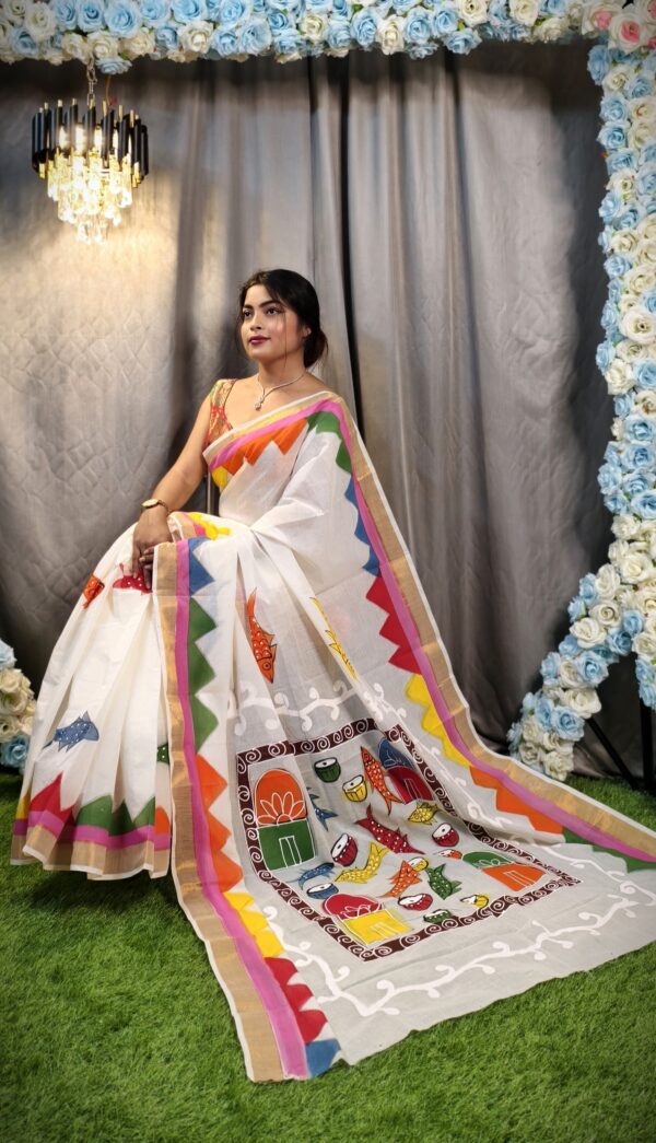 Kerala Cotton Hand-Painted White Saree with Multicolor Artistic Border & Fish Motifs – Free Size with Blouse Piece