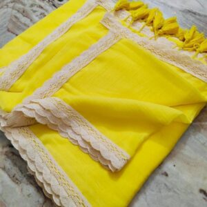 Sunlit Charm Handcrafted Pure 120 Count Yellow Mul Cotton Saree with White Lace Border & Blouse Piece