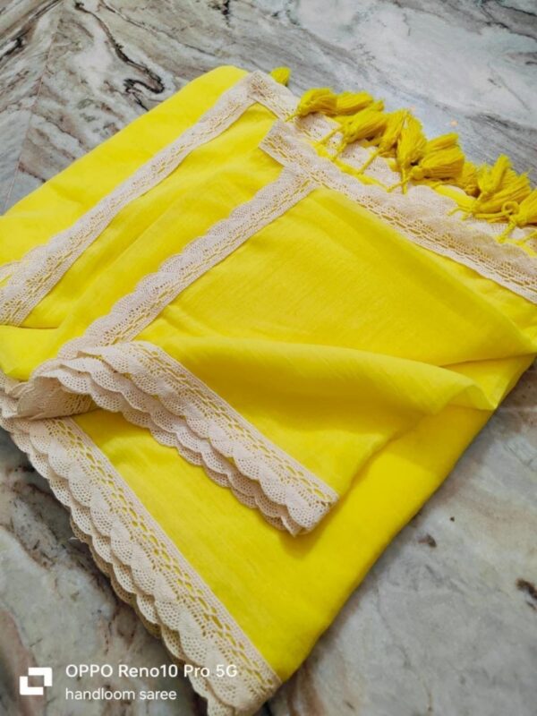 Sunlit Charm Handcrafted Pure 120 Count Yellow Mul Cotton Saree with White Lace Border & Blouse Piece