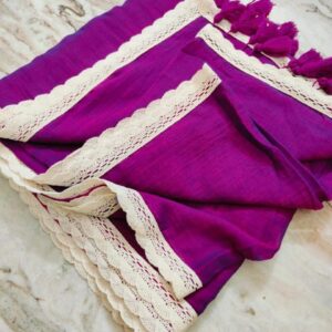 Royal Bloom Handcrafted Purple Pure 120 Count Mul Cotton Saree with Elegant White Lace Border & Blouse Piece