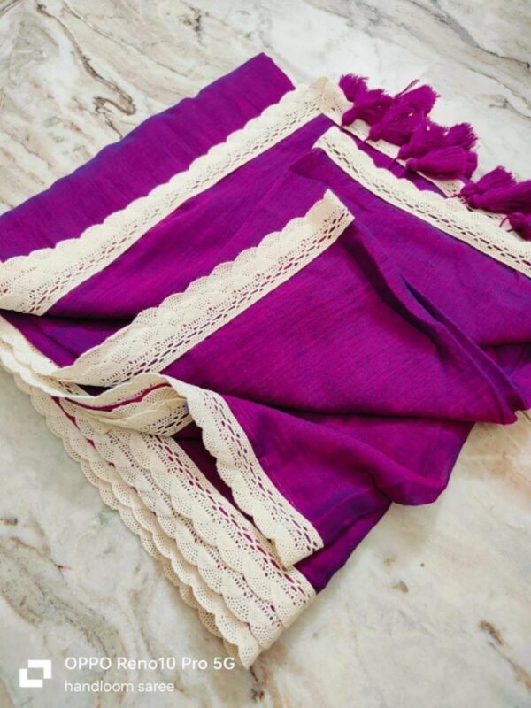 Royal Bloom Handcrafted Purple Pure 120 Count Mul Cotton Saree with Elegant White Lace Border & Blouse Piece