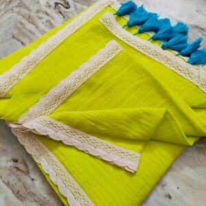 Fresh Grace Handcrafted Lime Green Pure 120 Count Mul Cotton Saree with White Lace Border & Blouse Piece