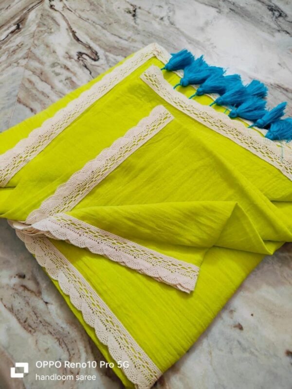 Fresh Grace Handcrafted Lime Green Pure 120 Count Mul Cotton Saree with White Lace Border & Blouse Piece