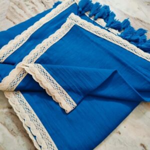 Royal Blue Handcrafted Pure 120 Count Mul Cotton Saree with White Lace Border & Blouse Piece