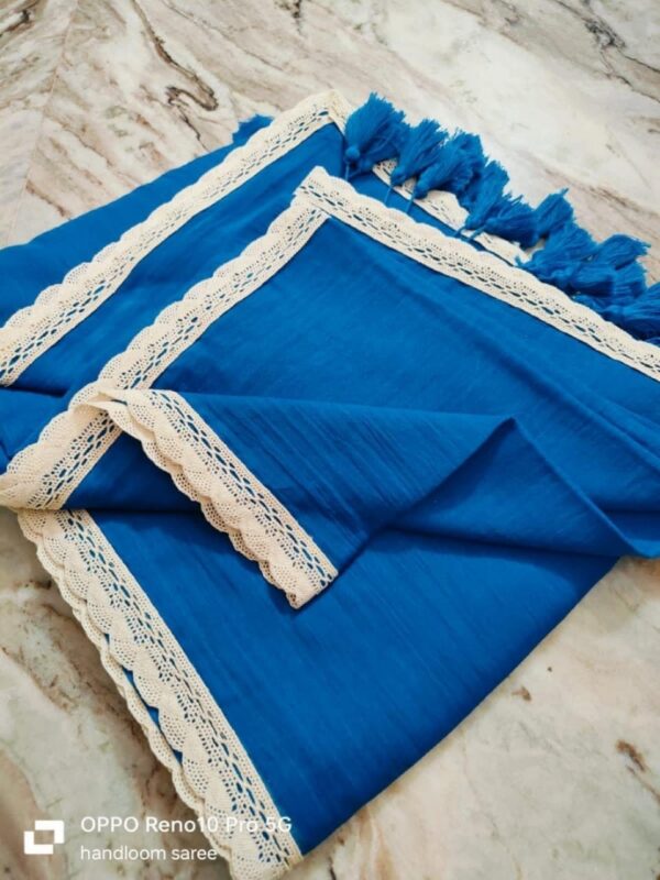 Royal Blue Handcrafted Pure 120 Count Mul Cotton Saree with White Lace Border & Blouse Piece