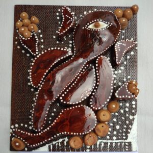 Handcrafted Lord Ganesha Wall Art – Pine Bark with Aipan Hand Decoration on Wooden Base