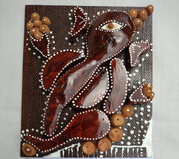 Handcrafted Lord Ganesha Wall Art – Pine Bark with Aipan Hand Decoration on Wooden Base