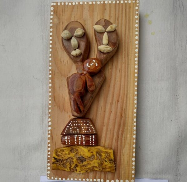 Happy Family Nature Sculpture – Handcrafted with Pine Bark, Tulsi Root & Kilmora Wood on Wooden Base