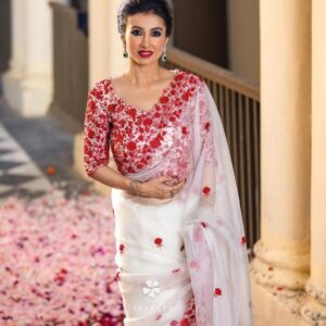 Graceful White Organza Bridal Bollywood Saree with Red Hand Embroidery & Blouse Piece