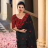 Elegant Black Organza Bollywood Bridal Party Saree with Red Hand Embroidery & Blouse Piece