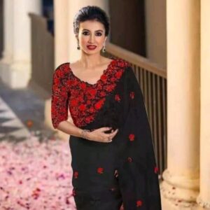 Elegant Black Organza Bollywood Bridal Party Saree with Red Hand Embroidery & Blouse Piece