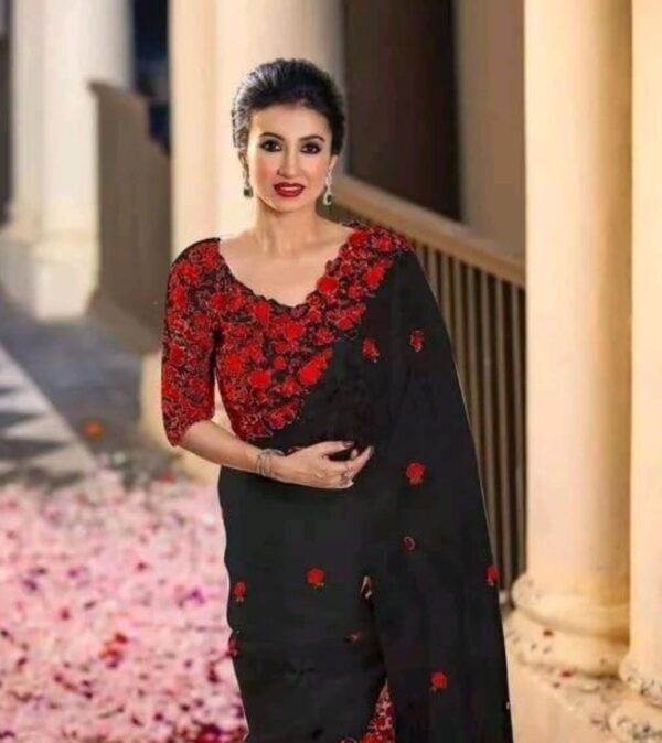 Elegant Black Organza Bollywood Bridal Party Saree with Red Hand Embroidery & Blouse Piece