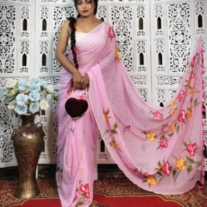 Hand-Painted Baby Pink Mul Cotton Saree with Multicolor Floral Artwork