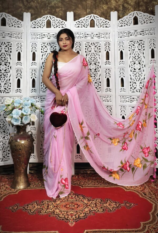 Hand-Painted Baby Pink Mul Cotton Saree with Multicolor Floral Artwork