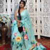 Hand-Painted Sky Blue Mul Cotton Saree with Pink & Yellow Floral Artwork