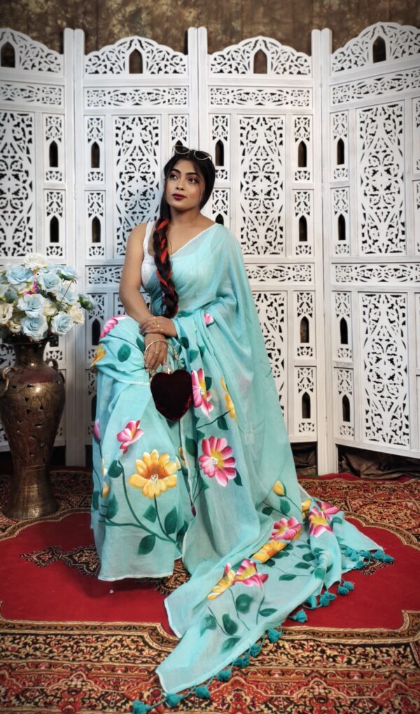 Hand-Painted Sky Blue Mul Cotton Saree with Pink & Yellow Floral Artwork