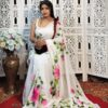 Hand-Painted White Mul Cotton Saree with Bright Pink Floral Artwork