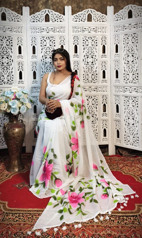 Hand-Painted White Mul Cotton Saree with Bright Pink Floral Artwork