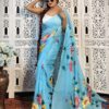 Hand-Painted Light Blue Mul Cotton Saree with Pink & Yellow Floral Motifs