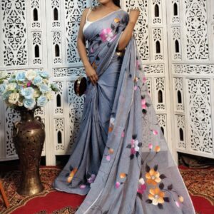 Hand-Painted Grey Mul Cotton Saree with Pink, Orange & White Floral Design