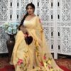 Hand-Painted Pale Yellow Mul Cotton Saree with Soft Pink & Yellow Floral Motifs