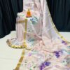 Handcrafted soft Blush Pink Modal Silk Saree with Pastel Floral Prints, Gold Borders & Blouse Piece