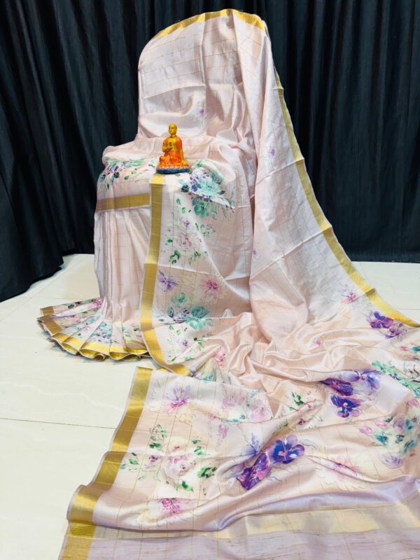 Handcrafted soft Blush Pink Modal Silk Saree with Pastel Floral Prints, Gold Borders & Blouse Piece