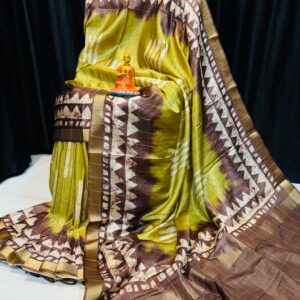 Handcrafted Chartreuse & Earth-Brown Modal Silk Saree with Tribal-Inspired Motifs & Blouse Piece