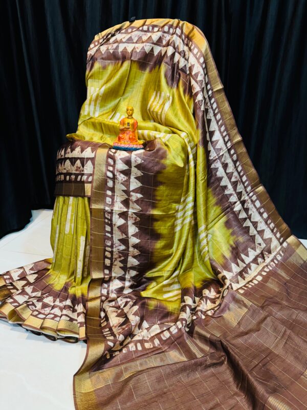 Handcrafted Chartreuse & Earth-Brown Modal Silk Saree with Tribal-Inspired Motifs & Blouse Piece