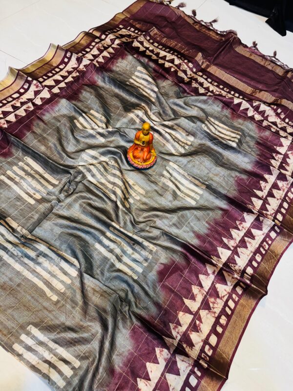Handcrafted Grey & Aubergine Modal Silk Saree with Geometric Off-White Motifs and Gold Accents & Blouse Piece