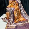 Handcrafted Bronze & Aubergine Modal Silk Saree with Off-White Geometric Prints and Gold Accents & Blouse Piece