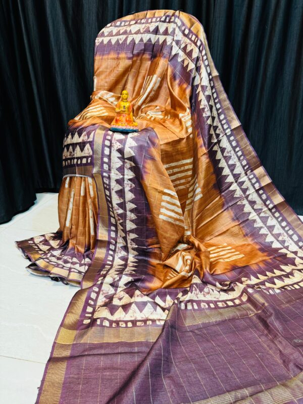 Handcrafted Bronze & Aubergine Modal Silk Saree with Off-White Geometric Prints and Gold Accents & Blouse Piece