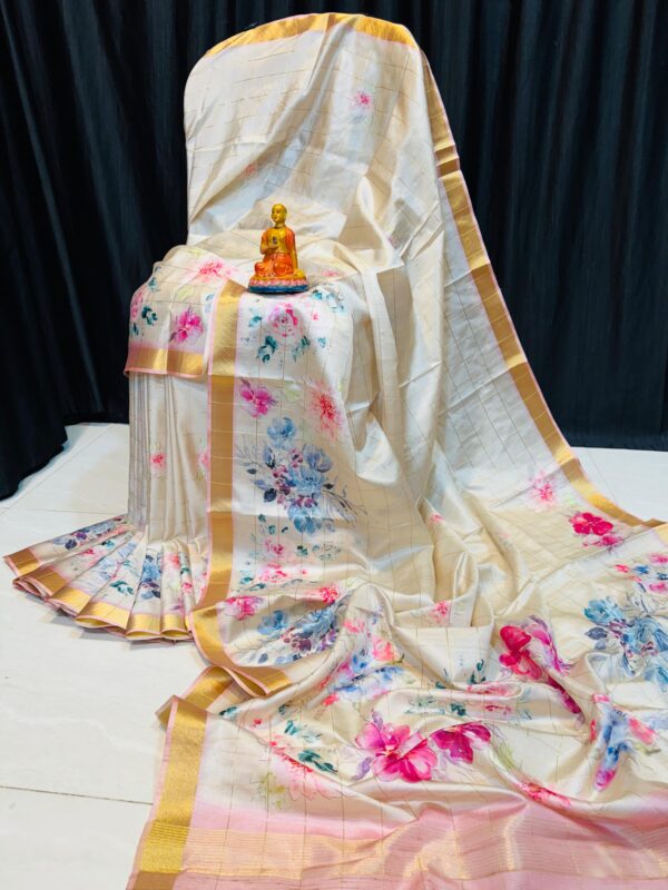 Handcrafted Off-White Modal Silk Saree with Multicolor Floral Prints, Gold–Blush Borders & Blouse Piece