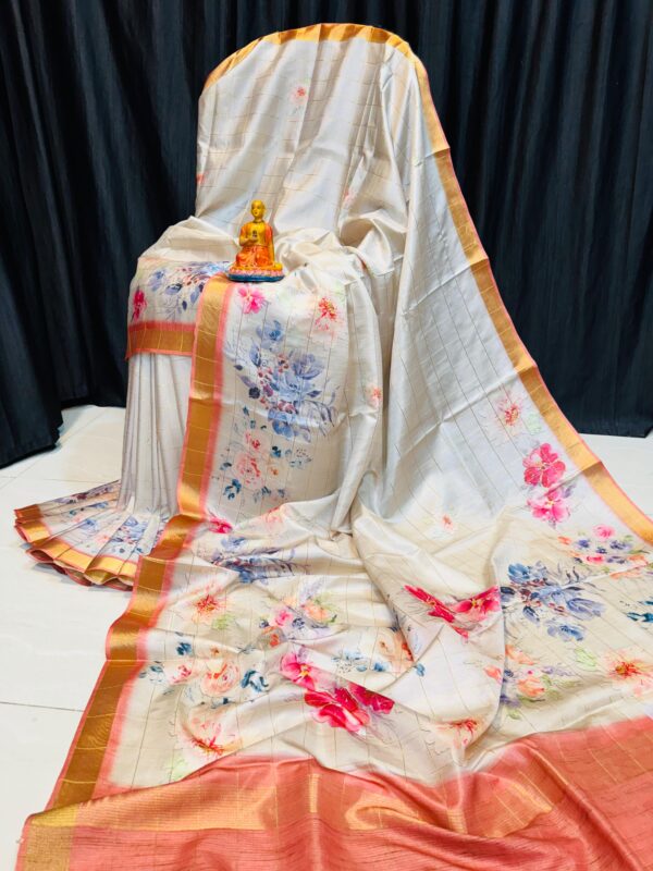 Handcrafted Elegant Cream Modal Silk Saree with Multicolor Floral Prints, Coral-Gold Borders & Blouse Piece