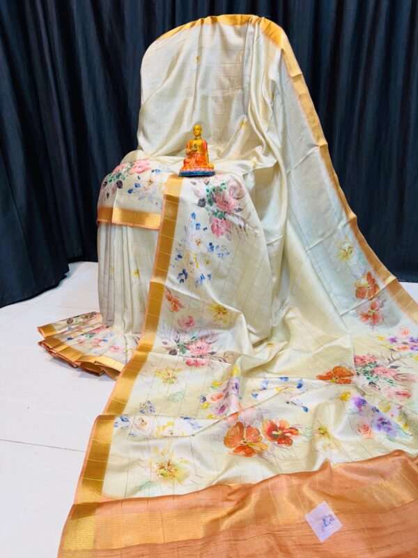 Handcrafted Cream Modal Silk Saree with Multicolor Floral Prints, Gold-Peach Borders & Blouse Piece