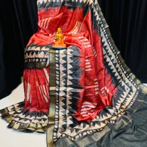 Handcrafted Modal Silk Saree in Red, Black & Off-White with Geometric Prints and Metallic Accents & Blouse Piece