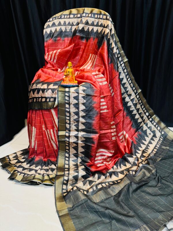 Handcrafted Modal Silk Saree in Red, Black & Off-White with Geometric Prints and Metallic Accents & Blouse Piece