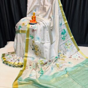 Handcrafted Off-White Modal Silk Saree with Soft Floral Prints, Mint-Gold Borders & Blouse Piece