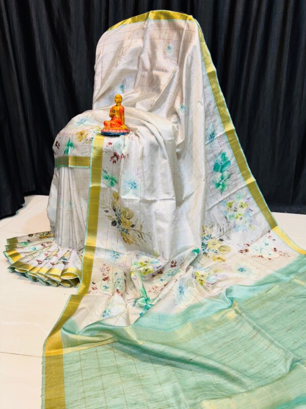 Handcrafted Off-White Modal Silk Saree with Soft Floral Prints, Mint-Gold Borders & Blouse Piece