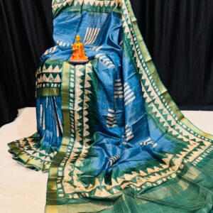 Handcrafted Teal Blue & Forest Green Modal Silk Saree with Geometric Prints and Gold Accents & Blouse Piece