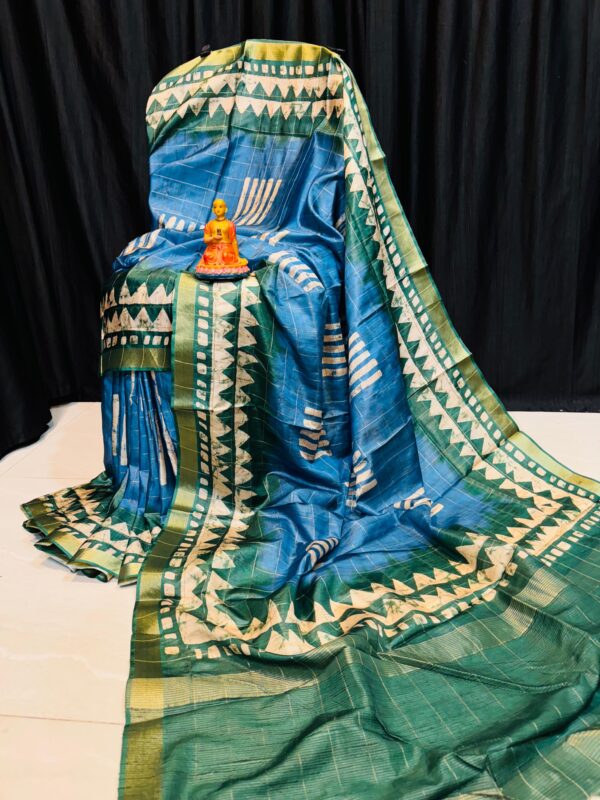 Handcrafted Teal Blue & Forest Green Modal Silk Saree with Geometric Prints and Gold Accents & Blouse Piece
